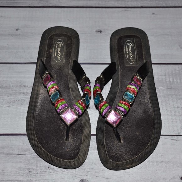 Grandco Sandals Black Thong Flip Flops With Bright Turquoise Pink & Green - Picture 1 of 7